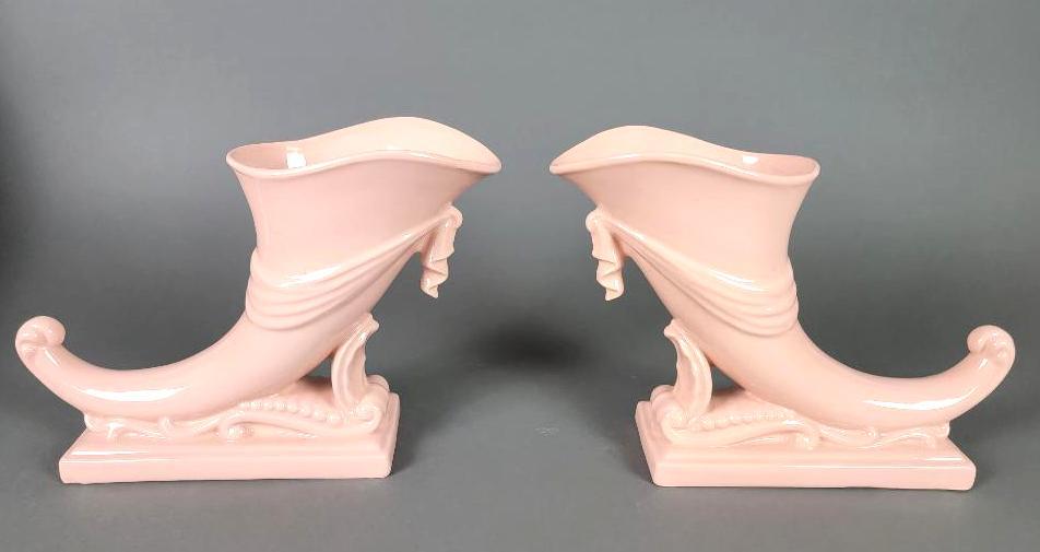 Pair of Art Deco Princeton China Cornucopia Horn Vases in Pink (1 of 11)