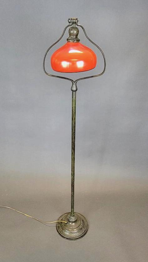 Antique Bronze Bell Harp Floor Lamp, Handel, Steuben Shade (1 of 11)