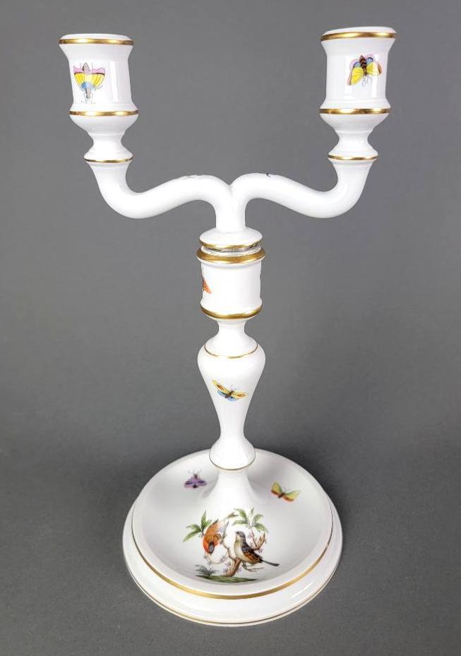 Herend Rothschild Bird & Insect Porcelain Candelabra: The two-piece gilded form in smooth white porcelain, features hand enameled polychrome motifs of birds and insects, the column with flared base is fitted at top with removable two arm candelabra, Here