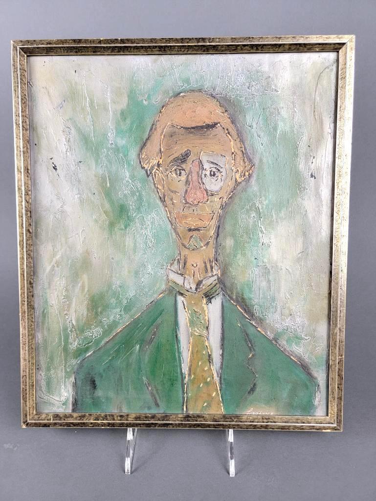 Mid Century Modern Abstract Painting of a Clown, Signed: 20th Century, oil on board, painted with thick impasto as a sad hobo clown in metallic green, gold, and silver, signed indistinctly Leo Taicz, framed. Condition; good, some light, small, scuffs and lo