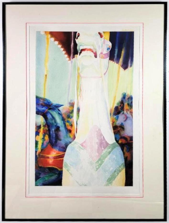 Mary Lou Ferbert (American, 20th Century School) Watercolor of a Carousel Horse: Mary Lou FerbertÂ (American, Cleveland School), Rearing Carousel Horse, watercolor on paper, signed upper right and dated 1979, depicting a rearing carousel horse, set on a colorful background wi