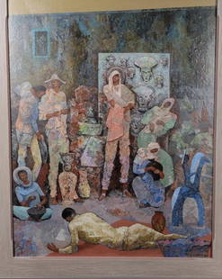 William C. Grauer, Cleveland School Oil on Board: Original Mexican inspired expressionist style oil painting on masonite by Cleveland School artist William C. Grauer (1895-1985), signature to lower left corner, housed in a gray washed wooden frame, c