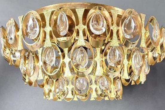 Palwa MCM Flush Mount Gold Gilt & Lens Crystal Light Fixture, 1960's Hollywood Regency (1 of 6)