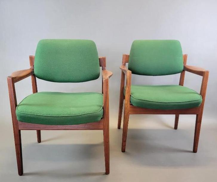 Pair 1960's MCM Jens Risom Captain's Walnut Armchairs in Green (1 of 20)