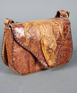 Vintage Genuine Alligator Skin Purse or Handbag w/ Head & Feet: A circa 1940&#39;s genuine alligator skin handbag features an adjustable and removable strap, the retractable suede lined interior to bag also with zipped wallet or storage compartment, the exterior c