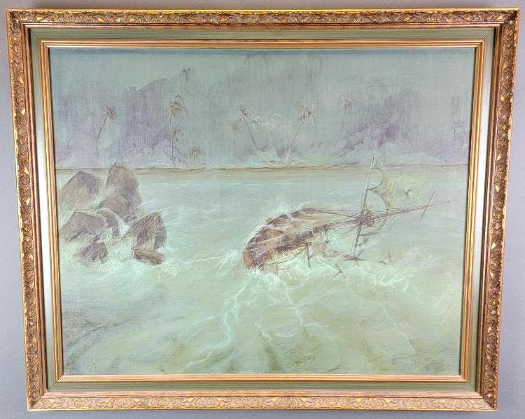 Mid Century Oil Painting On Canvas of a Shipwreck, George Miller: George Miller (artist unknown) original oil on canvas depicting a shipwreck during a sea storm in a tropical setting, the artist's signature on bottom right, hand-written details on verso state th