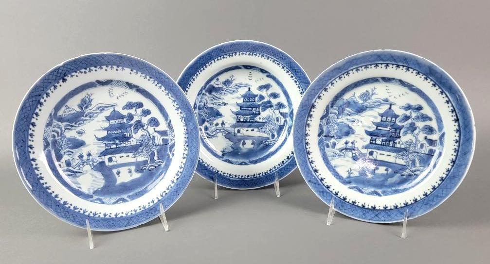 3 Chinese Blue and White Canton or Nanking Ware Plates c. 1800 (1 of 11)