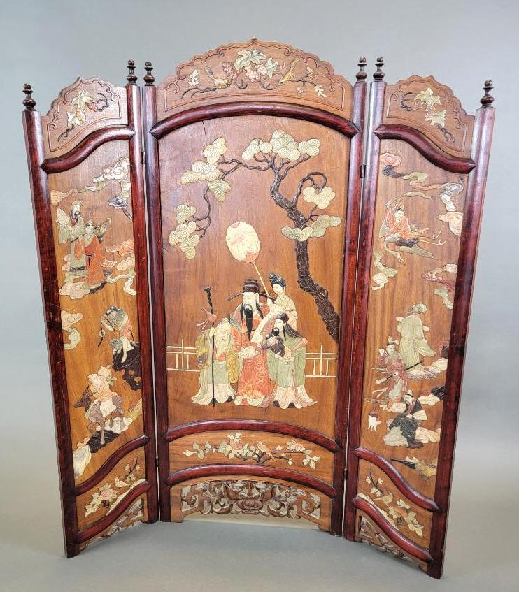 Antique Chinese Qing Dynsaty Inlaid Stone & Rosewood Screen / Folding Panel (1 of 17)