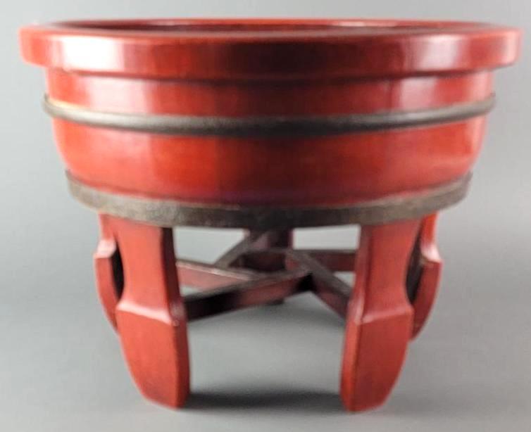 Chinese Red Lacquered Wash Basin / Legged Bowl (1 of 3)