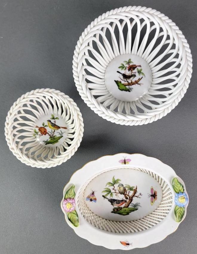 3 Small Herend Rothschild Bird Porcelain Open Weave Baskets / Trinket Dishes (1 of 7)