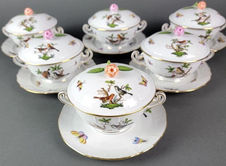 Herend Rothschild Covered Cream Soup Bowls / Under Plates, Set of 6 (1 of 9)