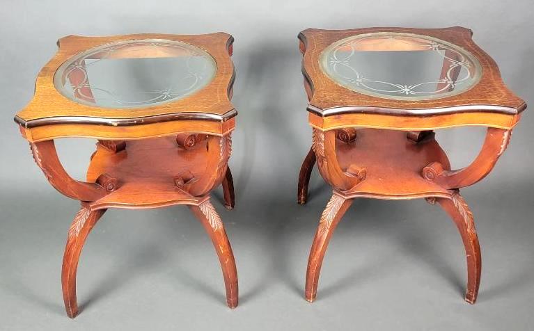 Pair 1940's Two-Tier Glass Top Solid Cherry Tables (1 of 9)