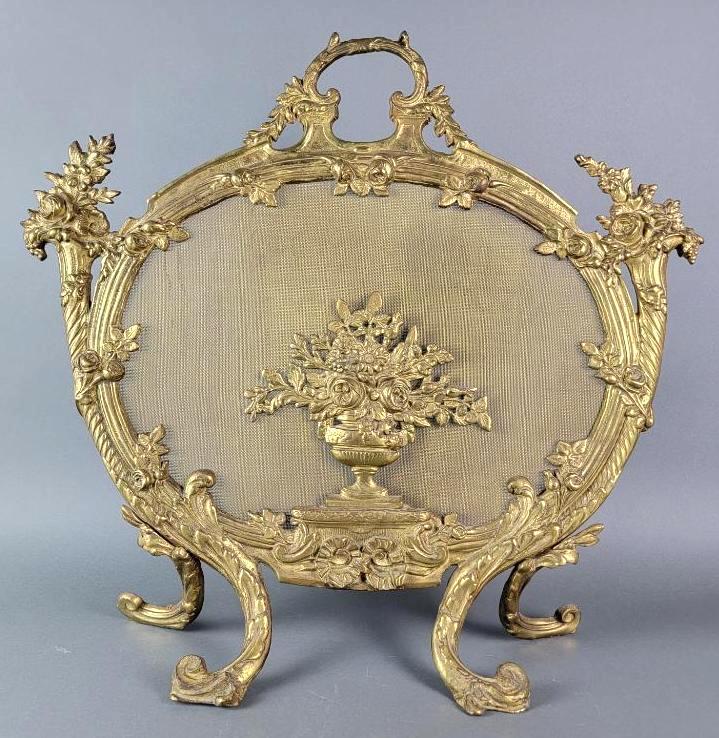 Antique 19th C. French Neoclassical Brass Fire Screen / Spark Guard (1 of 9)