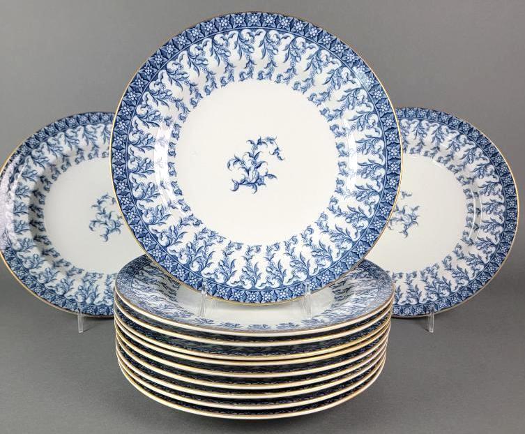 Group of 12 Antique Royal Worcester English Porcelain Plates, Blue & White (1 of 9)
