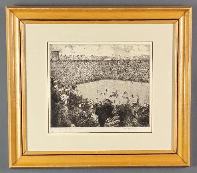 VTG Etching 'University of Michigan Stadium' Wilfred B. Shaw: Wilfred Byron Shaw (1881-1959, American) original etching on archival paper, titled "The University of Michigan Stadium", the details including signature, title and limited edition number (18 