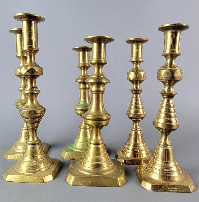3 Pairs Antique 19th C. English Brass Candlesticks (1 of 10)