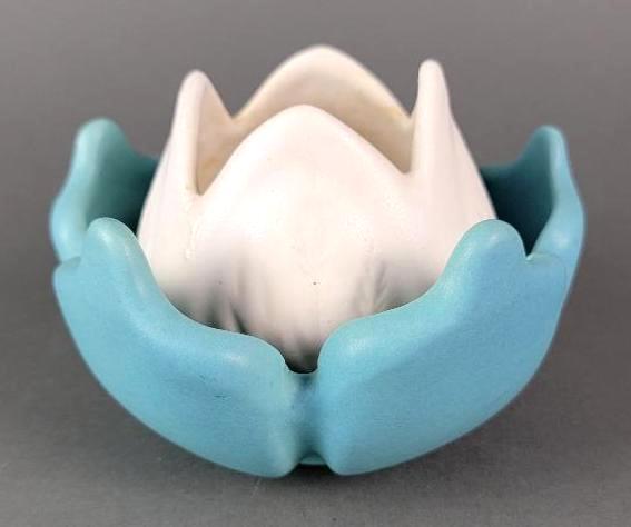 Blue Van Briggle Pottery Tulip Bowl, Small White Tulip Vase (1 of 6)