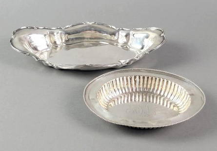2 Antique American Whiting Sterling Silver Dishes: Includes antique 7.25" x 8.25" (x 1" H) ovular dish with monogram by Whiting Manufacturing Company and antique 11" x 6" (x 1.25" H) scalloped and scrolled ovular dish by Frank M. Whiting. Total weight