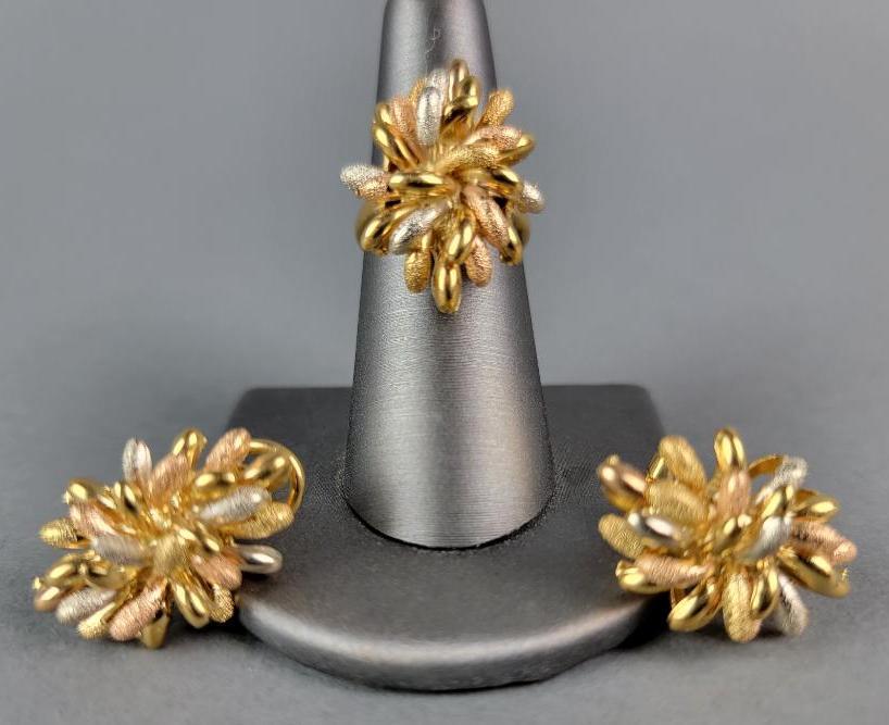 3-PC 18K Yellow / White Gold Floral Ring & Earring Suite (1 of 6)