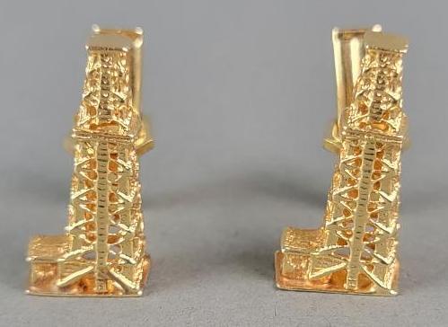 Pair 14K Yellow Gold Men's Cuff Links, Oil Towers or Rigs (1 of 5)