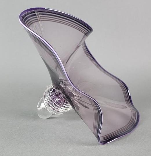 Signed Art Glass Sculpture in the Style of Dale Chihuly: The contemporary organic hand-blown sea form in graduating translucent clear and purple glass, terminating at bottom end into a resting foot, foot with applied spiral, ground to foot with inscribed si