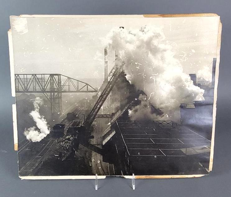 Original Antique Black & White Photo, Cleveland Flats Skyline, Doris Martha Weber: Doris Martha Weber (American, 1898-1984) original silver gelatin photograph on paper, mounted over mat board, features an industrial landscape of the Cleveland Flats circa 1947, titled "Garlands of St