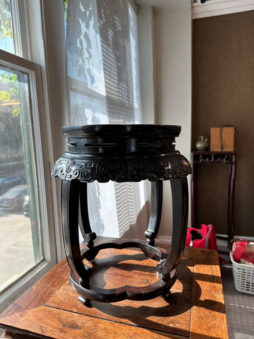 Probably Qing Dynasty Imperial ZITAN Lotus Shaped Drum Stool with Animal Face Pattern (1 of 20)