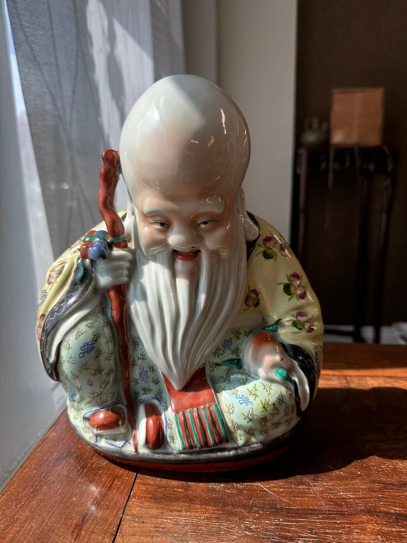 Probably Late Qing Dynasty JING MAO SHENG Marked Famille LAO SHOU XING Figure: Probably Late Qing Dynasty JING MAO SHENG Marked Famille LAO SHOU XING Figure , size 9 in !