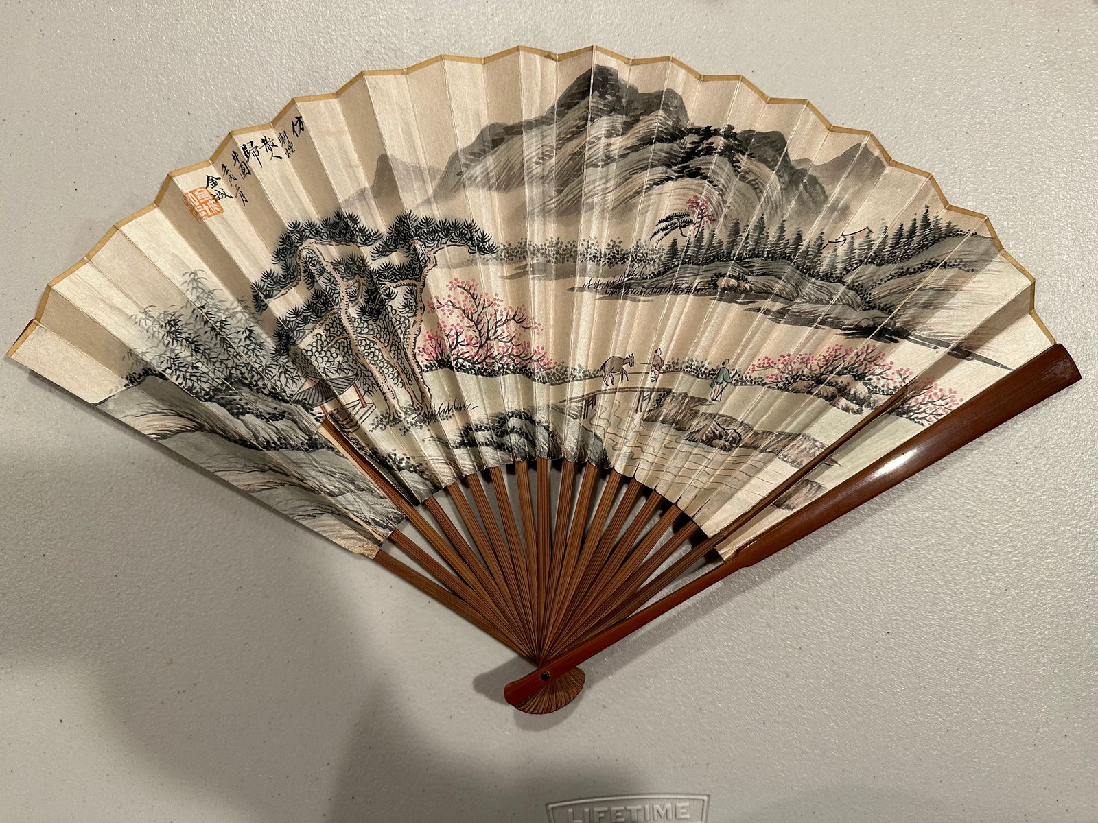 JIN CHENG Landscape Calligraphy Fan: JIN CHENG Landscape Calligraphy Fan , size W 20 1/4 in