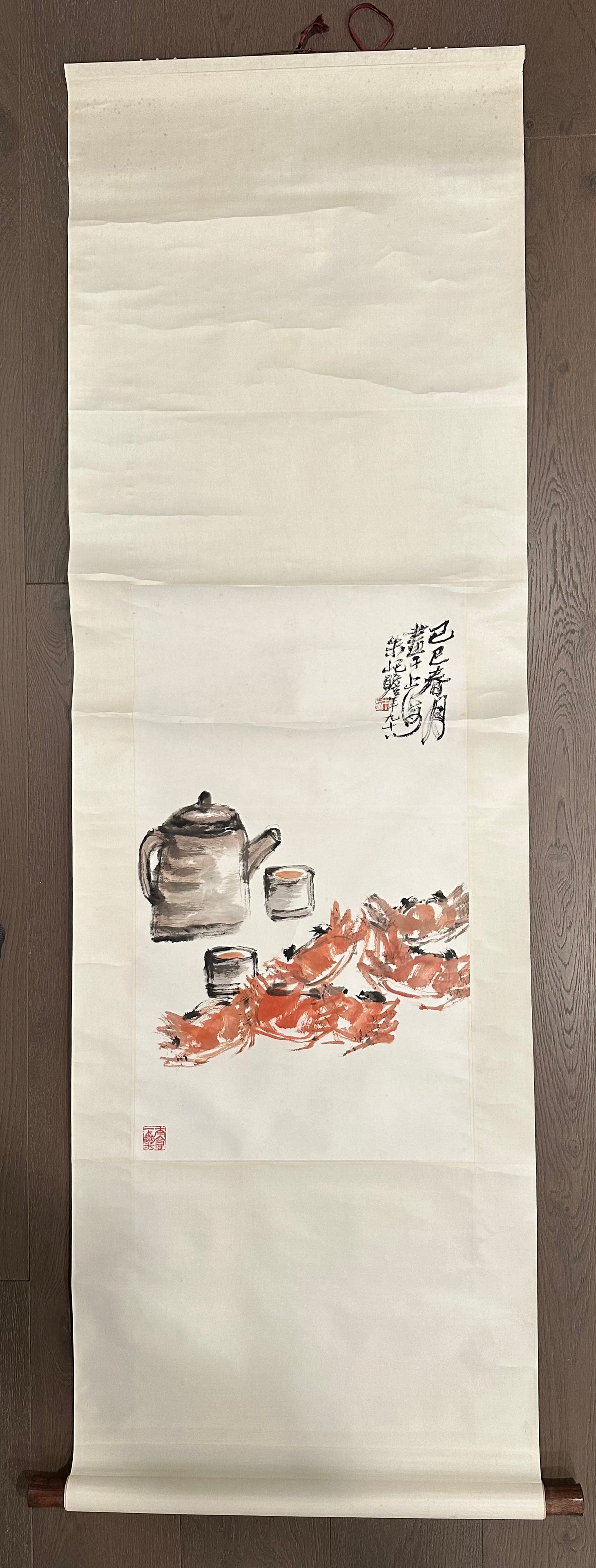 ZHU QI ZHAN Crab and Teapot Hanging Scroll: ZHU QI ZHAN Crab and Teapot Hanging Scroll , size 17 * 29 in
