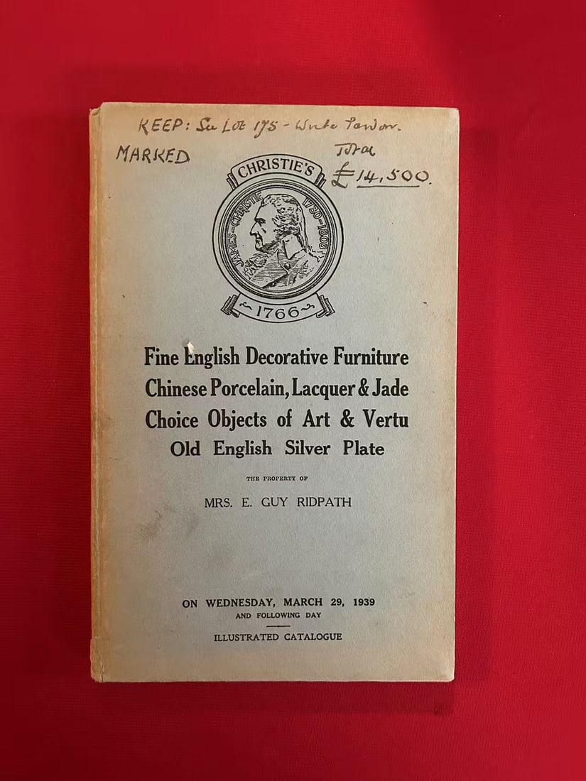 LD Christie's 1939 Chinese Porcelain, Lacquer & Jade The property of Mrs Cuy Ridpath: LD Christie's 1939 Chinese Porcelain, Lacquer & Jade The property of Mrs Cuy Ridpath , rare old catalog, two pages damage please see the last picture the rest all keep good condition!