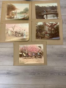 A group of five vintage photographs of Japanese landscapes and Japanese girls