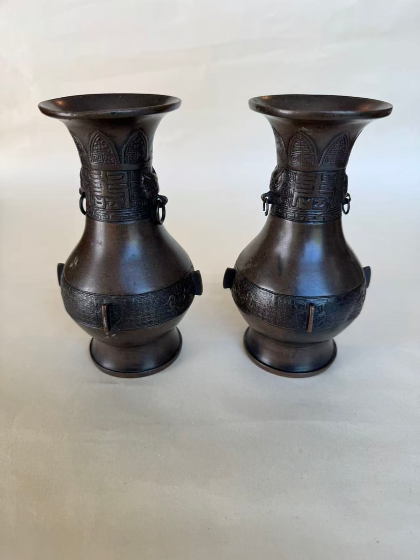 Two 19th Century Bronze Vases with Twin Mask-and-Ring Handles: Two 19th Century Bronze Vases with Twin Mask-and-Ring Handles ? size H 6 1/4 in