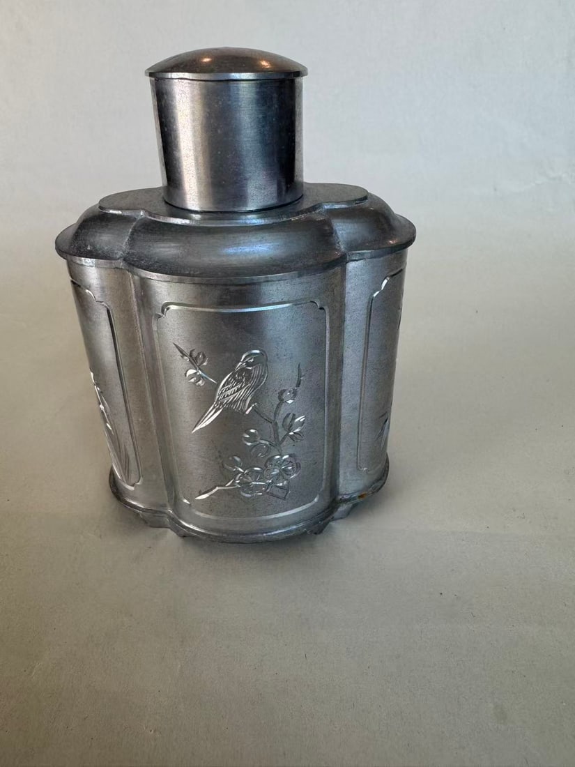 A Pewter Tea Caddy with Bird-and-Flower Decoration on Four Sides: A Pewter Tea Caddy with Bird-and-Flower Decoration on Four Sides, size H 4 3/4 in