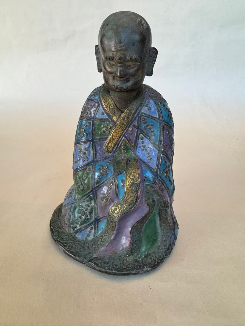 A 19th Century Enameled Bronze Figure of a Luohan: A 19th Century Enameled Bronze Figure of a Luohan, size H 6 1/4 in