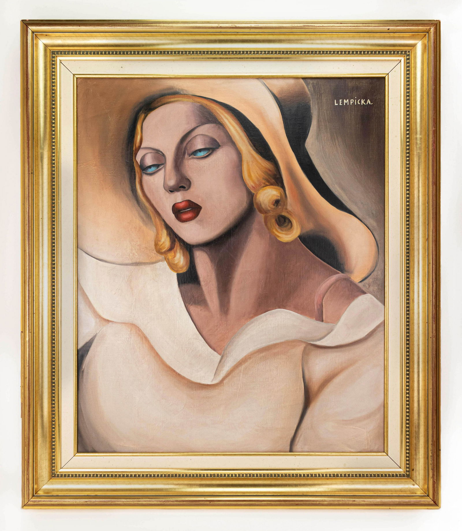 Tamara de Lempicka Art Deco Style Painting In the Style: This lot consists of a hand painted oil on canvas rendered in style of the Polish painter Tamara de Lempicka (1898- 1980). Painting signed at the upper right corner: LEMPICKA. Tamara Łempicka, be
