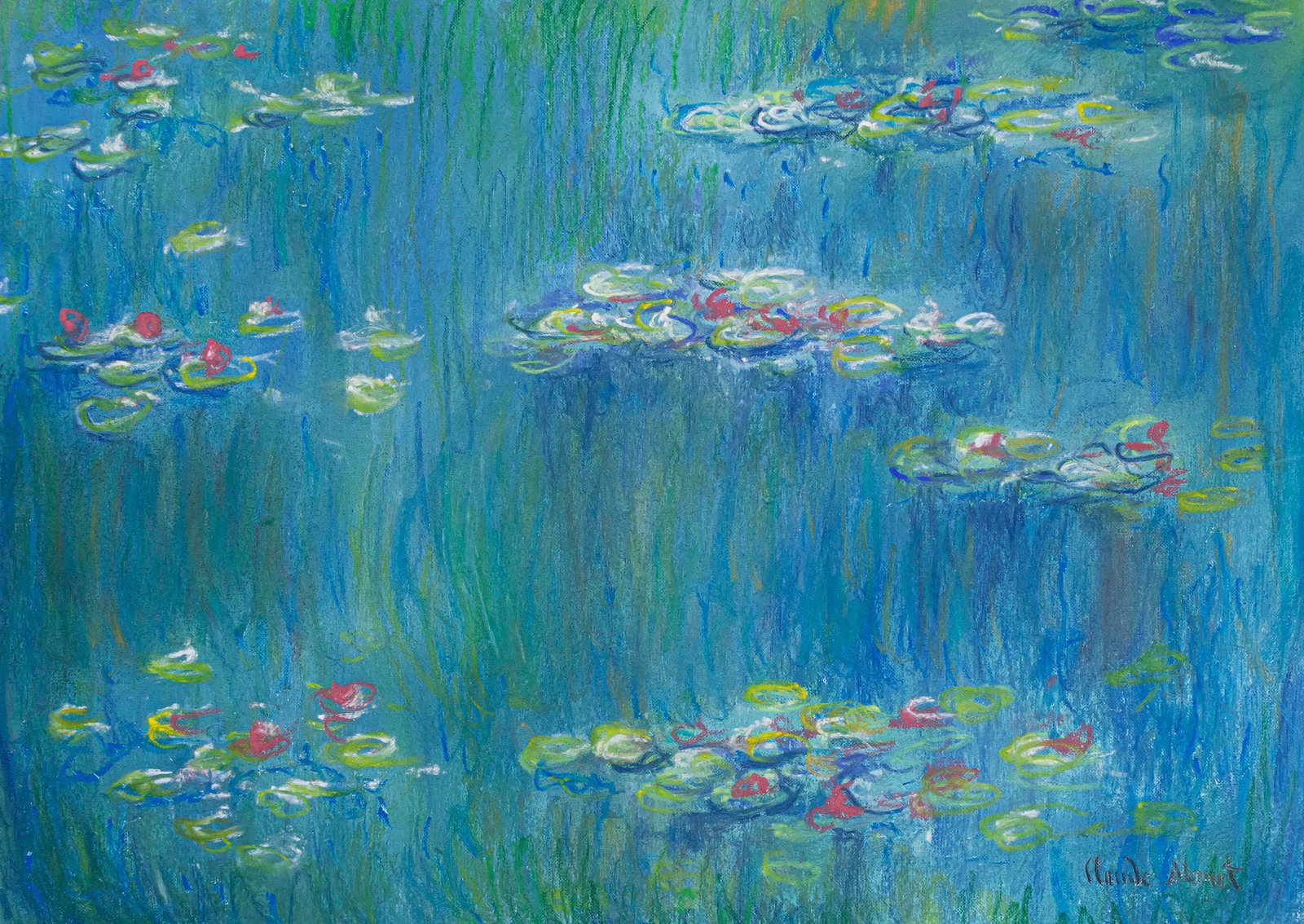 Claude Monet (In Style of ) Pastel Painting on Paper: This lot consists of a hand painted pastel on paper rendered in style of the French painter Claude Monet (1840- 1926). Painting signed at the lower right corner: Claude Monet Oscar-Claude Monet was a 
