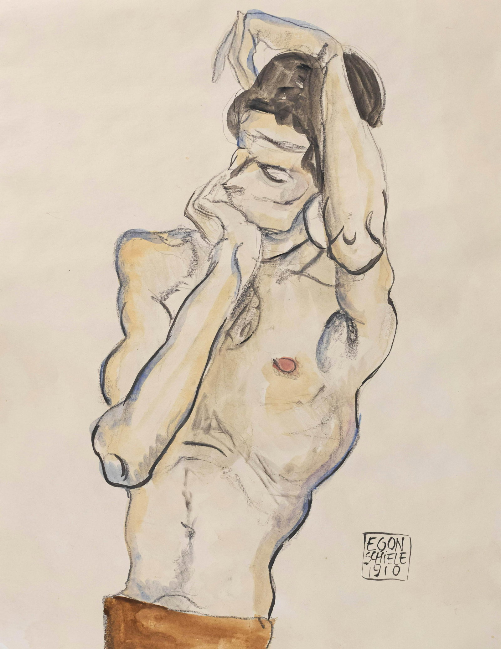 Egon Schiele Mixed Media Painting on Paper In the Style: This lot consists of a hand painted mixed media on paper rendered in style of the Austrian painter Egon Schiele (1890-1918). Painting signed and dated at the lower right corner: EGON SCHIELE 1910 Egon