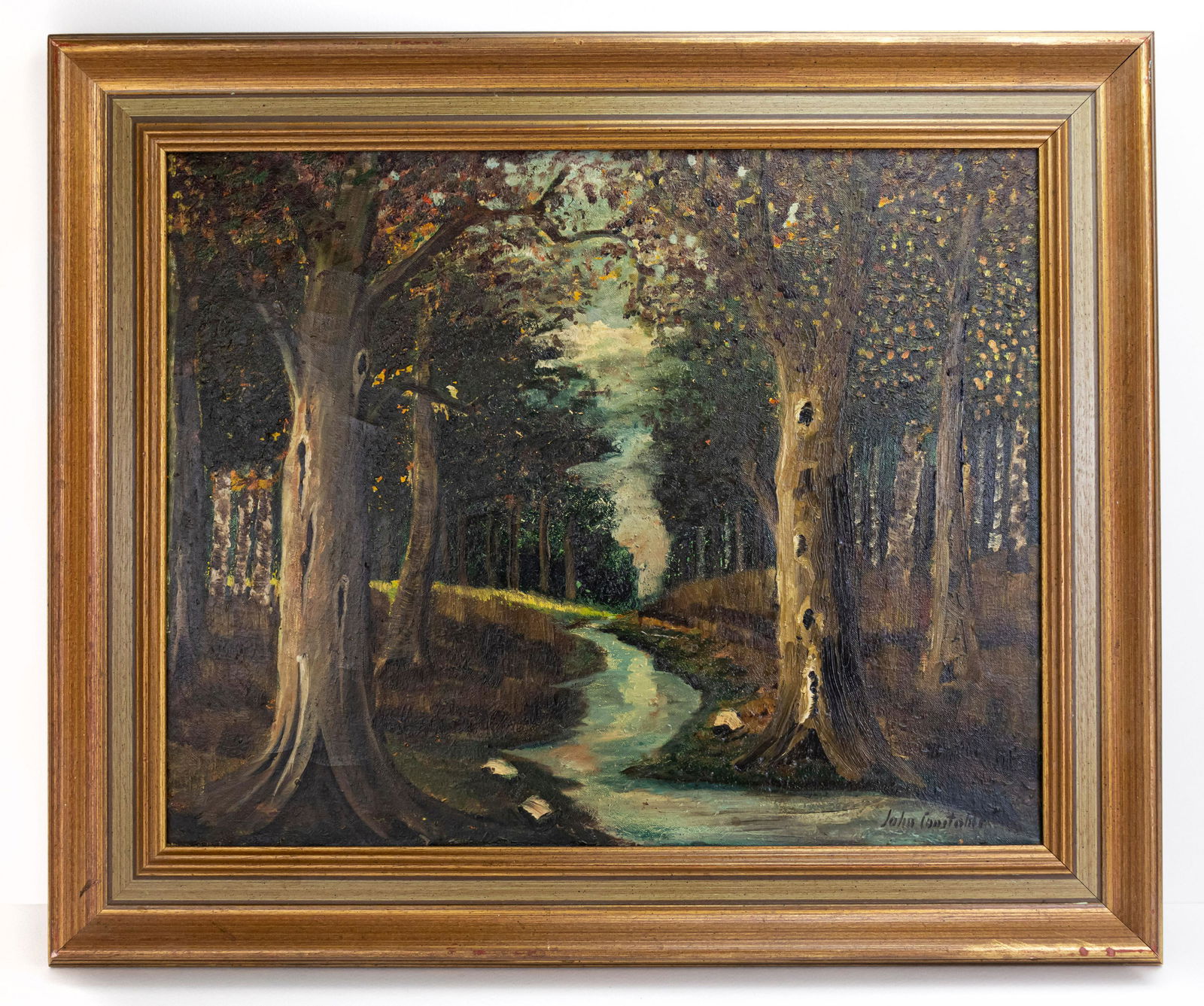 Landscape Oil Painting John Constable In the Style of: This lot consists of a hand painted Oil on Canvas rendered in style of the English landscape painter John Constable (1776-1837). Painting signed at the lower right corner: John Constable John Constabl