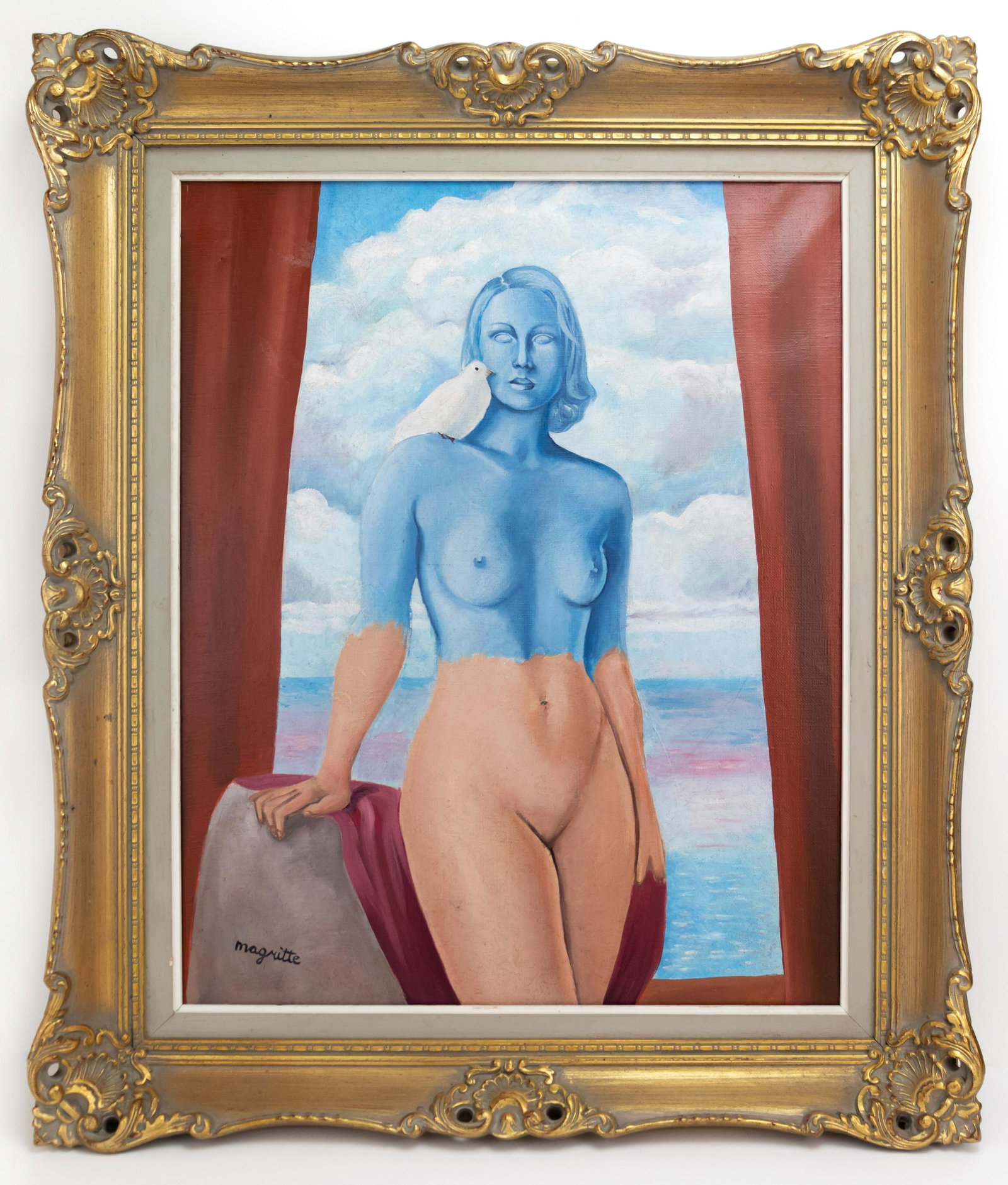 Belgian surrealist Rene Magritte In Style of Painting: This lot consists of a hand painted Oil on Canvas, rendered in style of the Belgian surrealist artist Rene Magritte (1898-1967). Painting signed at the lower left corner: Magritte, gallery label on th