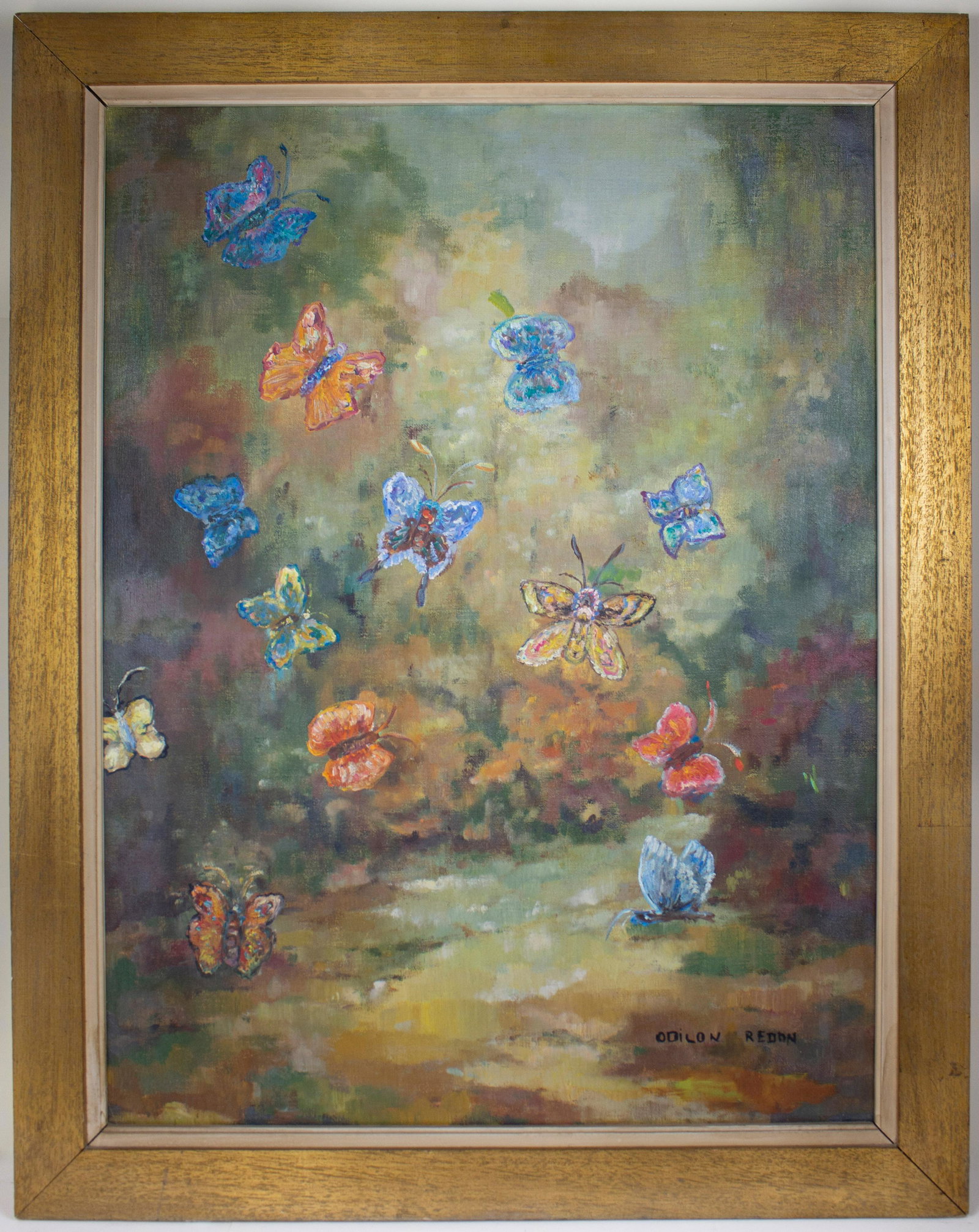 French symbolist Odilon Redon Painting In the Style of: This lot consists of a hand painted oil on canvas rendered in style of the French symbolist painter Odilon Redon (1840-1916). Painting signed at the lower right corner: Odilon Redon Early in his caree