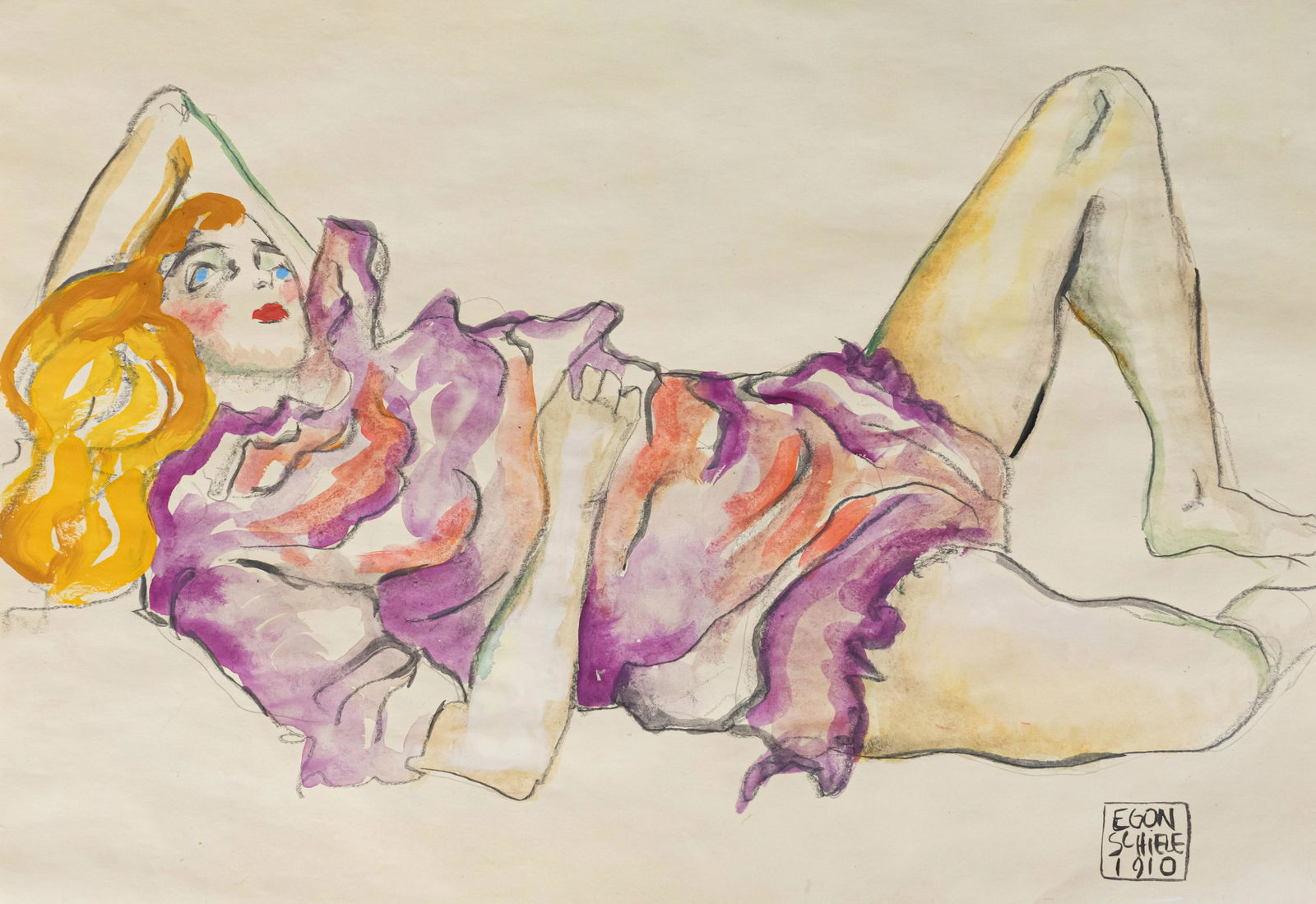 Egon Schiele Mixed Media Painting on Paper In Style Of: This lot consists of a hand painted mixed media on paper rendered in style of the Austrian painter Egon Schiele (1890-1918). Painting signed and dated at the lower right corner: EGON SCHIELE 1910 Egon