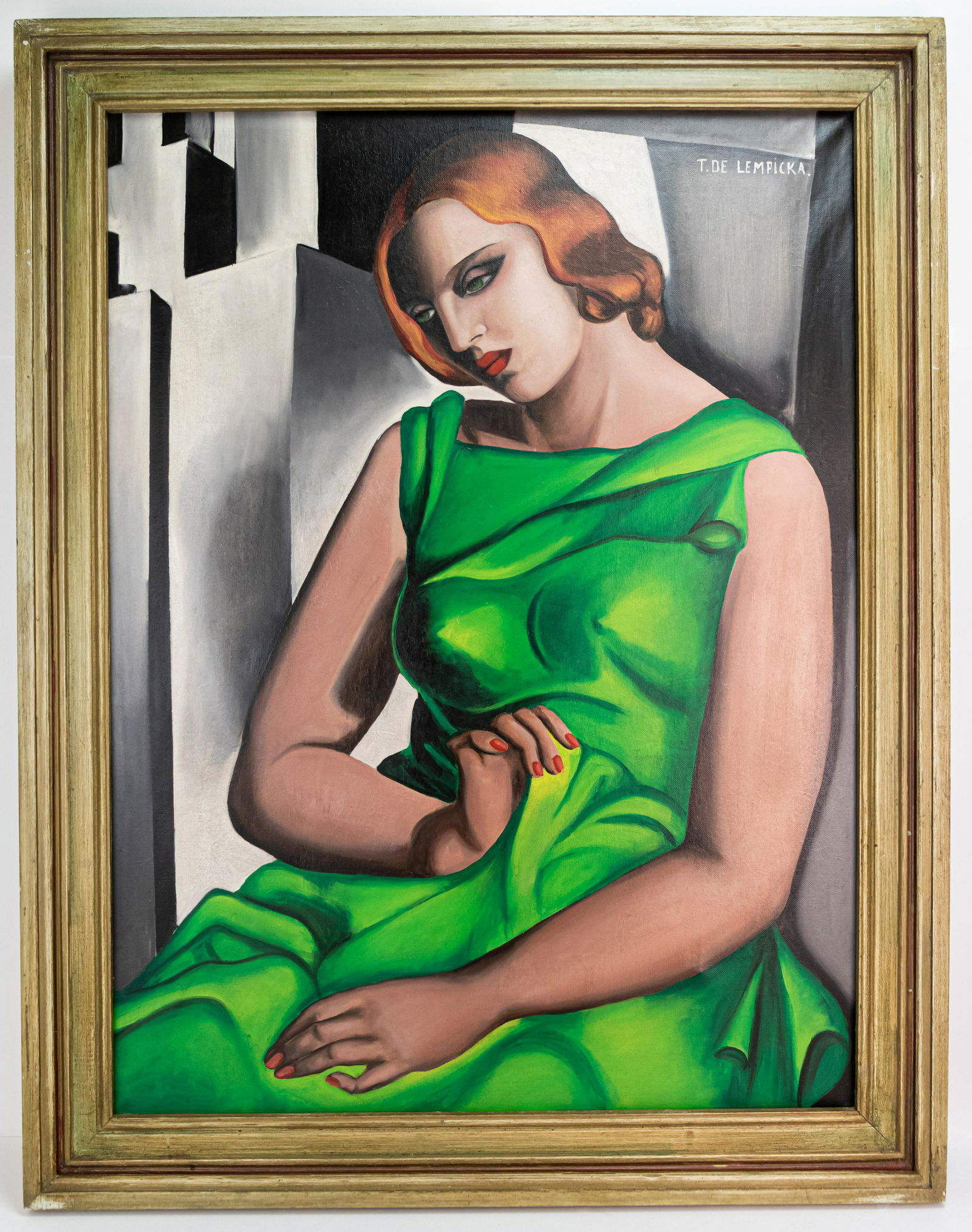 Tamara de Lempicka Art Deco Style Painting In the Style: This lot consists of a hand painted oil on canvas rendered in style of the Polish painter Tamara de Lempicka (1898- 1980). Painting signed at the upper right corner: T. DE LEMPICKA. Tamara Åempicka,