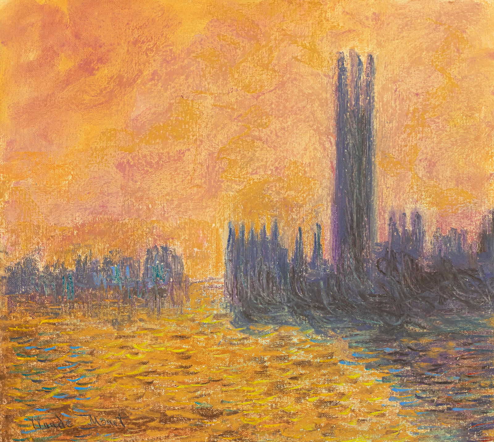 Claude Monet (In Style of ) Pastel Painting on Paper: This lot consists of a hand painted pastel on paper rendered in style of the French painter Claude Monet (1840-1926). Painting signed at the lower left corner: Claude Monet Oscar-Claude Monet was a Fr