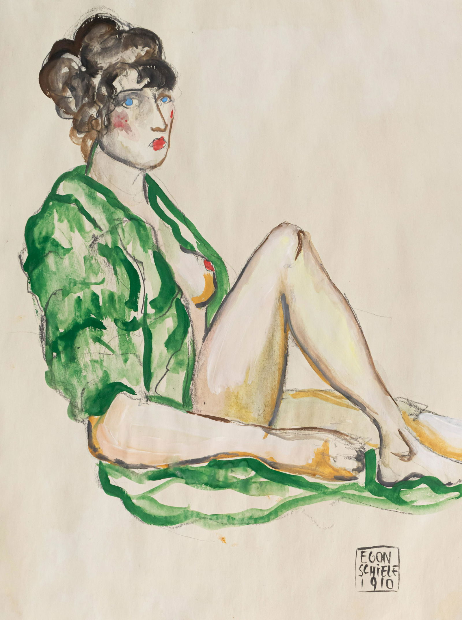 Egon Schiele Mixed Media Painting on Paper In the Style: This lot consists of a hand painted mixed media on paper rendered in style of the Austrian painter Egon Schiele (1890-1918). Painting signed and dated at the lower right corner: EGON SCHIELE 1910 Egon