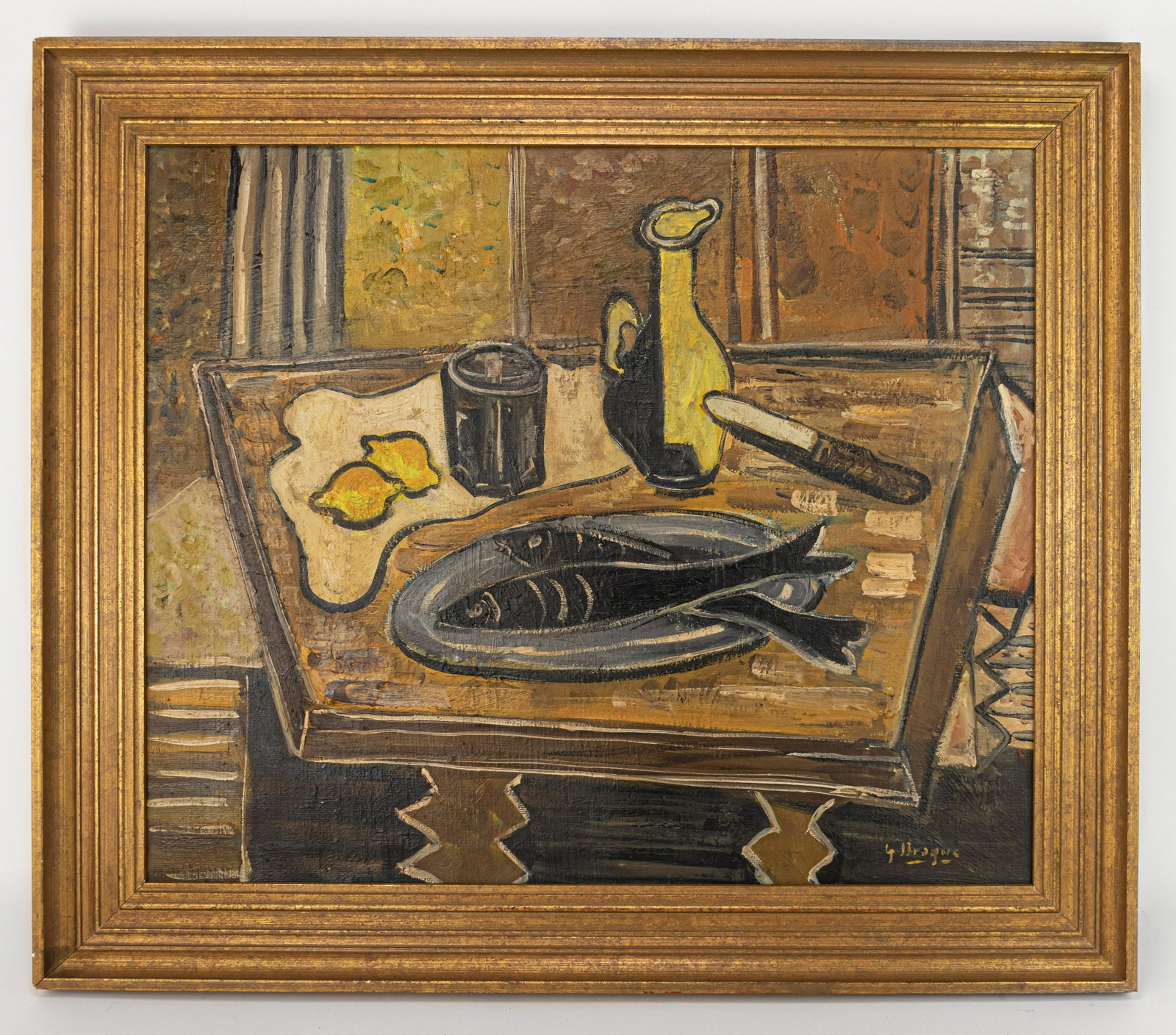 Georges Braque Fauvist Still Life Painting: This lot consists of a hand painted Oil on Canvas rendered in style of the French painter Georges Braque (1882-1963) He was a major 20th-century French painter, collagist, draughtsman, printmaker and 
