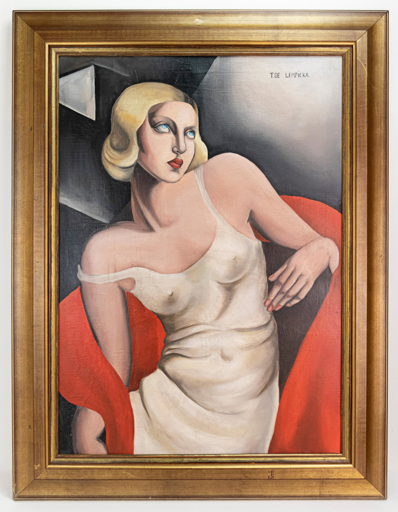 Art Deco Painting In Style Of Tamara de Lempicka: This lot consists of a hand painted oil on canvas rendered in style of the Polish painter Tamara de Lempicka (1898- 1980). Tamara Lempicka, better known as Tamara de Lempicka, was a Polish painter who