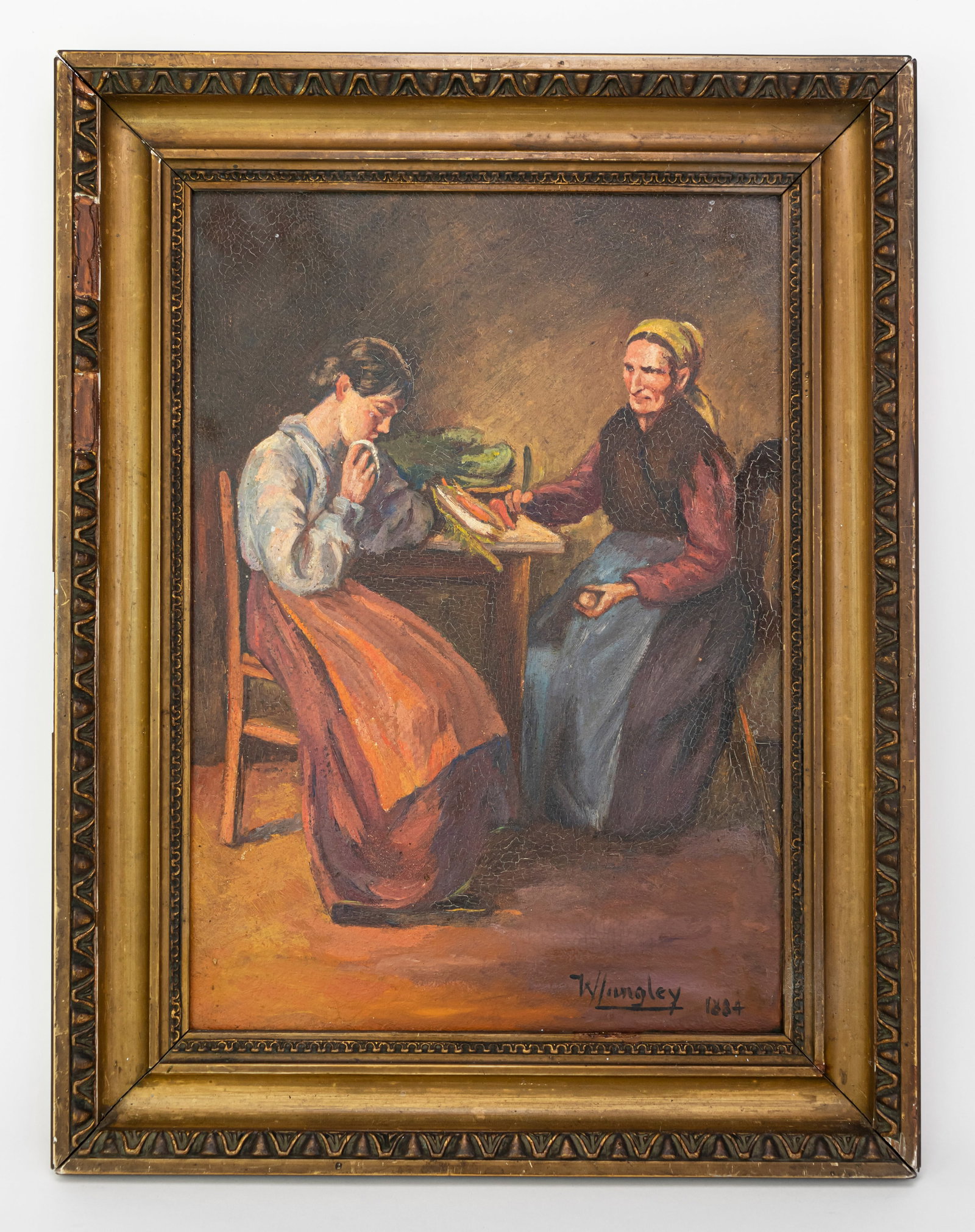 English Walter Langley signed In Style of Painting: This lot consists of a hand painted Oil on Cardboard rendered in style of the English painter Walter Langley (1852-1922) He was born in Birmingham and his father was a journeyman tailor. At 15 he was