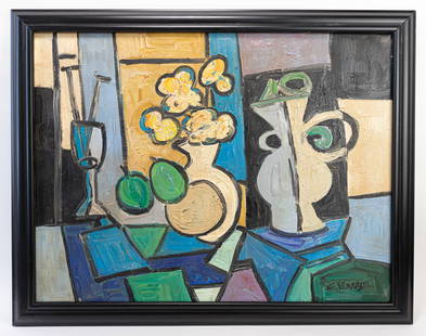 Post-Cubist Still Life In Style of Claude Venard: This lot consists of a hand painted Oil on Canvas rendered in style of the French artist Claude Venard (1913-1999) Claude Venard was a French post-Cubist and still life painter. Known for working in a