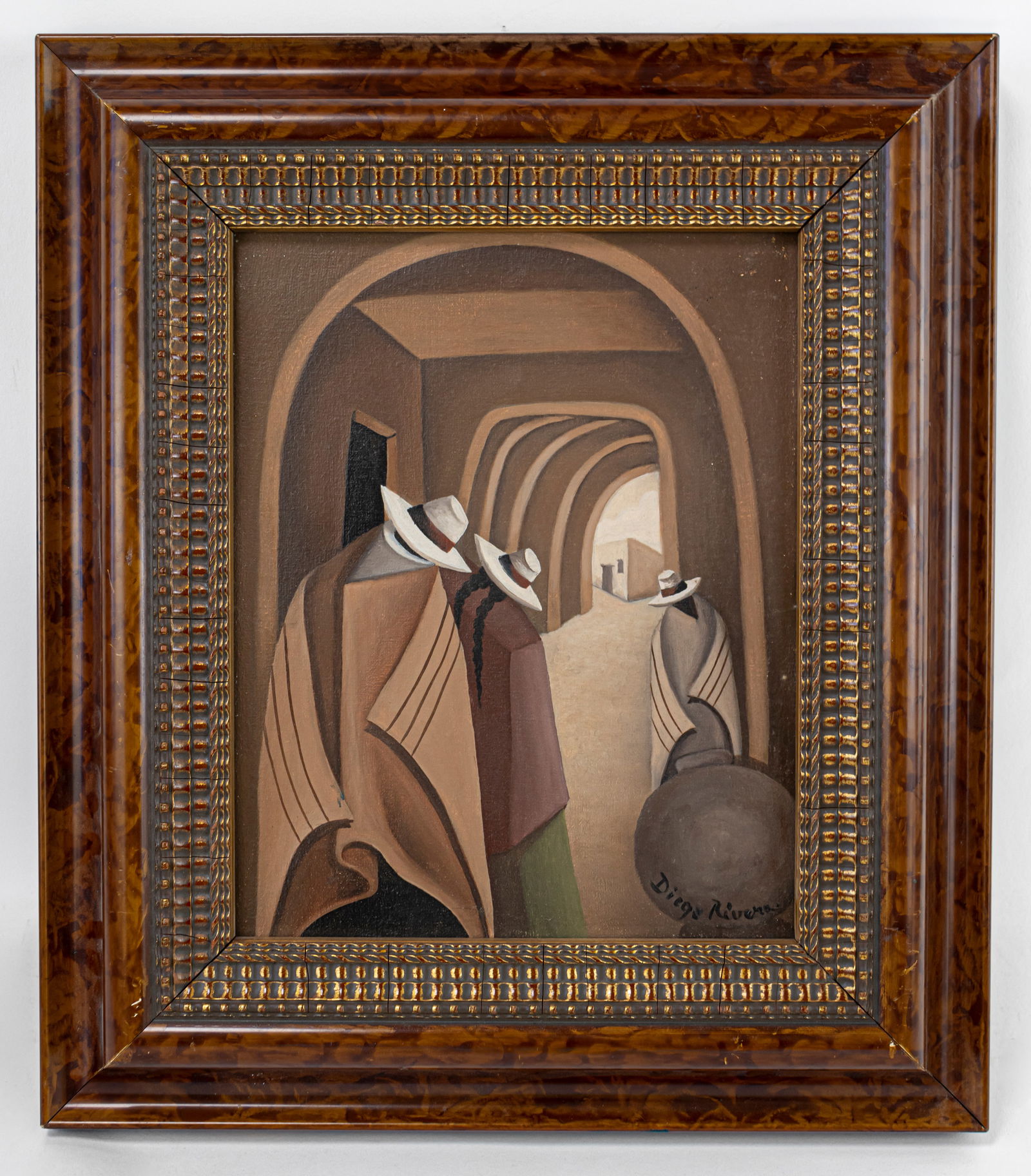 Diego Rivera Mexican Framed Oil Painting (Style of): This lot consists of a hand painted Oil on Canvas rendered in style of the Mexican artist Diego Rivera (1886-1957) Diego Rivera, a memorable figure in 20th-century art, actively painted during the 50